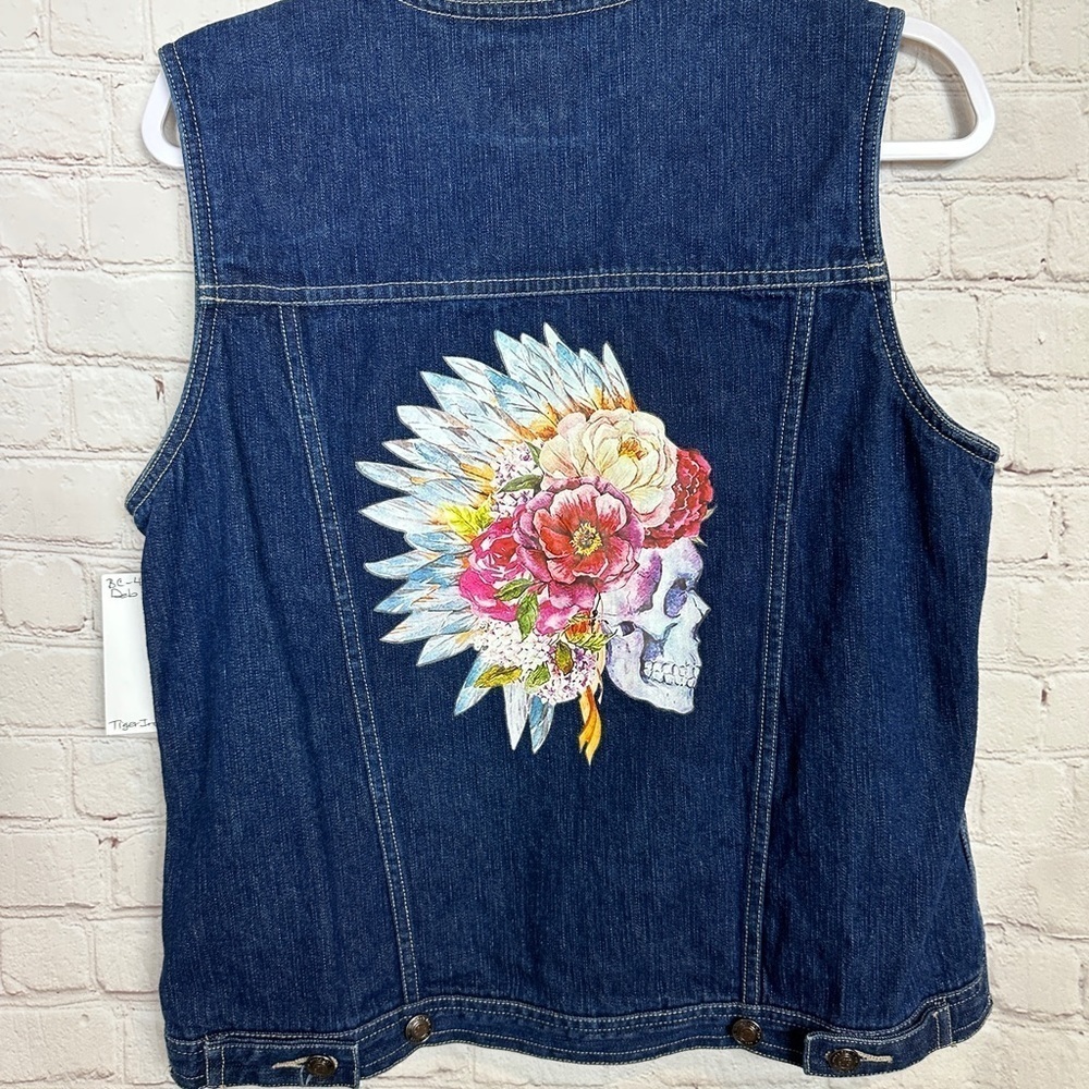 St John's Bay denim vest with skull roses headdress, sz M boho cowgirl bike, NWT